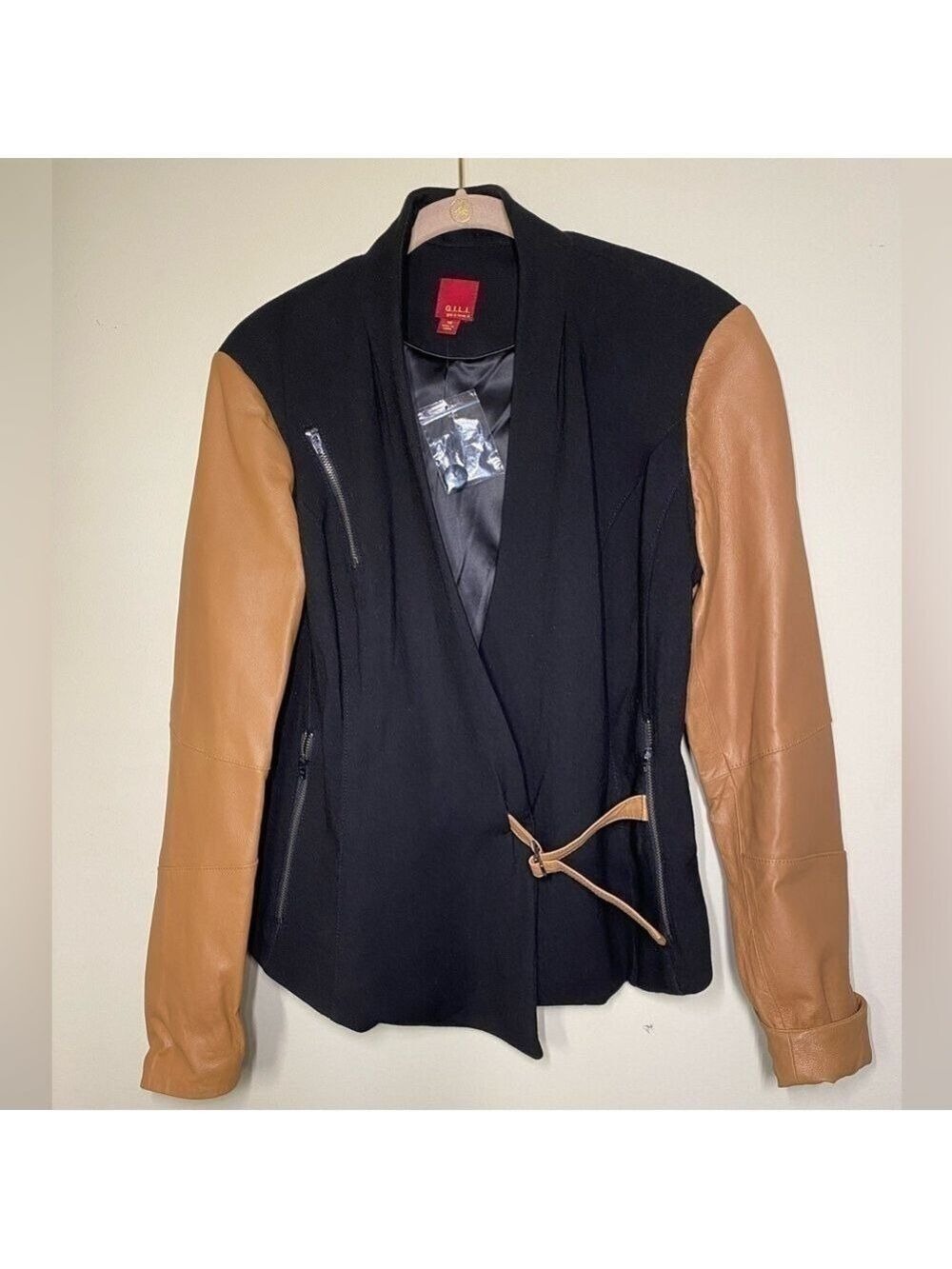 GILI Black Jacket with Tan Leather Sleeves M NWOT
